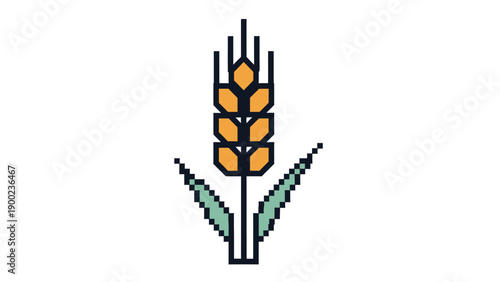 Pixelated image of a wheat stalk, with two leaves below, set against a white backdrop