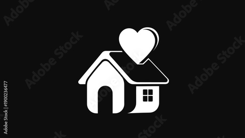 A white house silhouette with a heart above, on black background