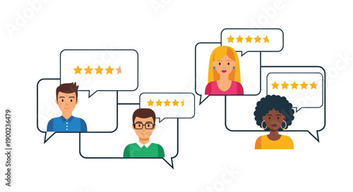 Group of diverse people avatars displaying multiple overlapping five-star customer feedback ratings in speech bubbles