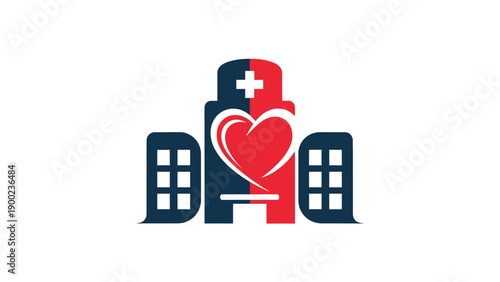 A medical logo with a building, cross, and heart. Split red/blue colors