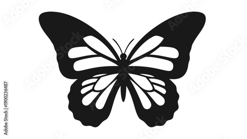 A symmetrical black butterfly silhouette on a white background, wings fully open