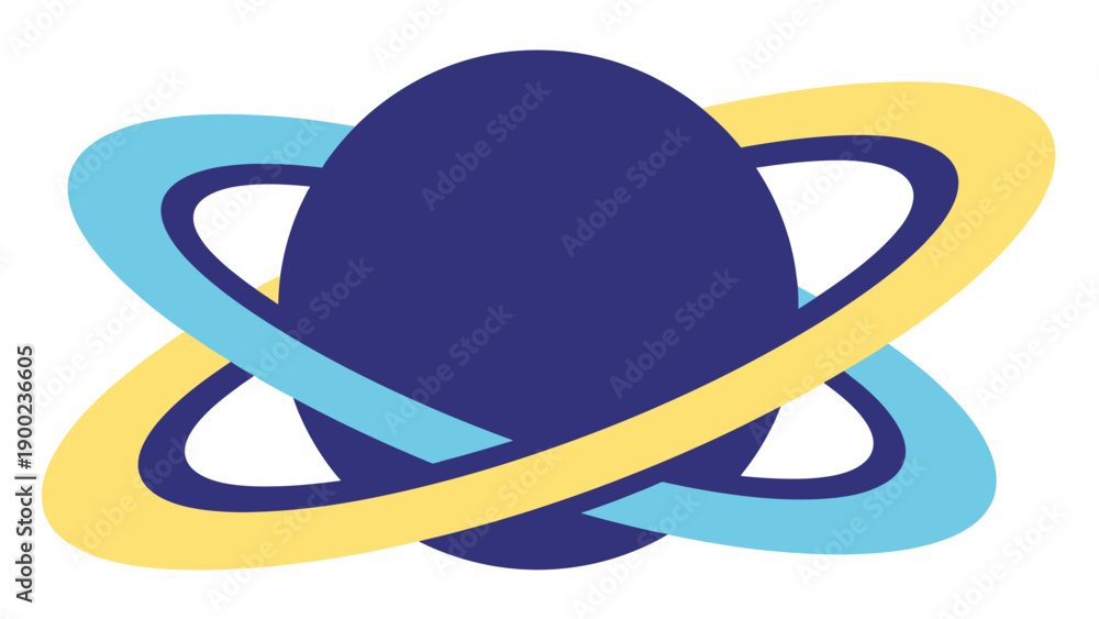 Fototapeta premium Abstract graphic of a central shape with orbiting blue and yellow curved lines