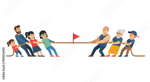 Two families, children and adults, engaged in a competitive tug of war game pulling a rope with a red flag