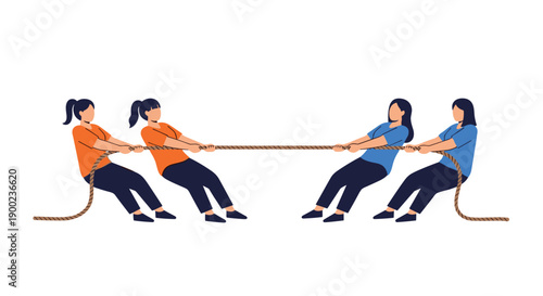 Two teams of women dressed in varied sportswear competing in a determined tug of war match pulling rope
