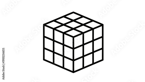 Black outlined 3D cube illustration with a grid-like pattern on a white background