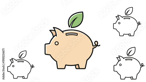 A piggy bank with a leaf icon, and three outlined versions on a white background