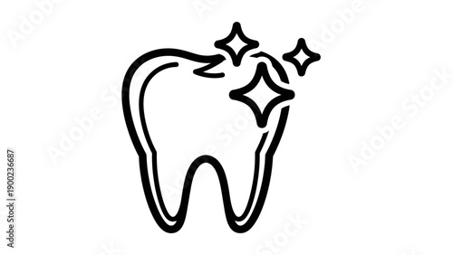 A black and white tooth icon with shine effects, showcasing dental health