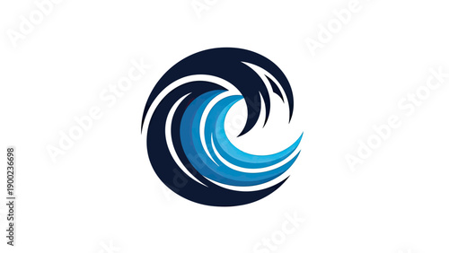 Circular design of waves in dark and light blue, swirling inwards on white background