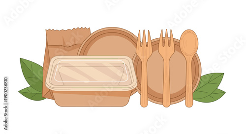 Assortment of eco-friendly food packaging with paper containers, wooden cutlery, and green leaves symbolizing