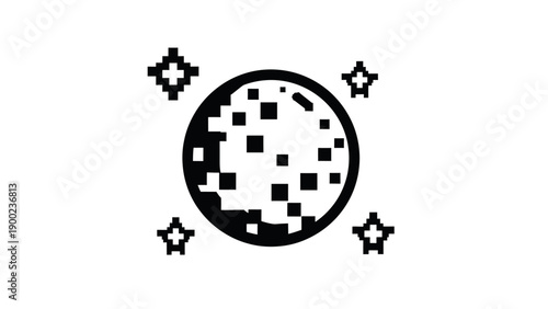 Pixelated image of a celestial body surrounded by four small, pixelated stars on a white field