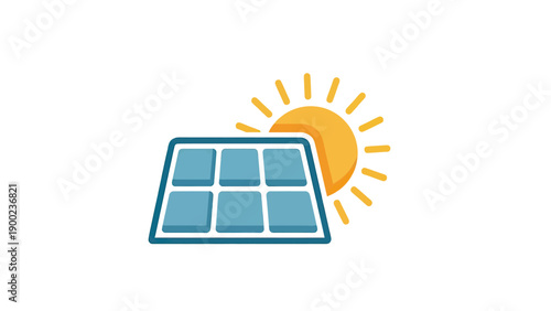 Solar panel illustration with sun, suggesting renewable energy. Flat design, white background