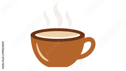 A brown mug filled with a light-colored liquid, steam rising. White background