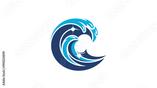 A blue and navy wave illustration with starburst accents on a white background