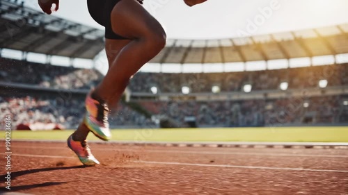 Black male athlete sprinting on a professional stadium track during a championship, with close up shots of muscular legs and feet kicking up dust, showcasing power and determination