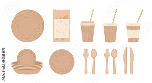Collection of eco-friendly disposable plates, cups, and wooden cutlery for sustainable picnic and dining