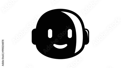 Simple, smiling face icon with a smooth, black body and white features on a white background