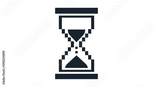 A stylized hourglass in a pixelated design, dark on white, showing sand falling