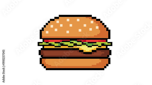 A pixelated hamburger with sesame seed bun and layered fillings
