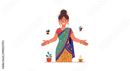 Smiling Indian woman in traditional colorful saree and gold jewelry with open arms in a welcoming gesture