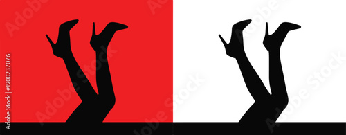 Silhouette of a womans legs in high heels on red and white backgrounds  making a rock on sign with their feet up sight down