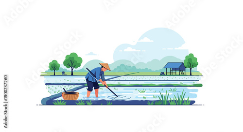 Asian farmer in conical hat working in flooded rice paddy field with a traditional hut and basket in background