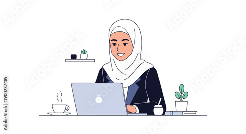 Smiling Muslim woman wearing white hijab working happily on laptop at a modern office desk with coffee and plants