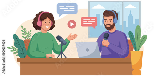 Podcast recording session: A dynamic illustration showcases two individuals engaged in a podcast recording, each immersed in the process with microphones and headphones.
