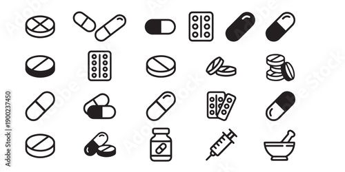 Medical Pills and Capsules Icon Set Pharmaceutical and Healthcare Symbol Collection.