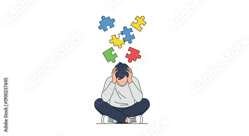 Worried man sitting cross-legged holding his head while colorful puzzle pieces disperse, signifying mental challenges