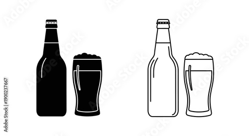 Glass of beer with foam and glass bottle silhouette icons for pub and restaurant menu design
