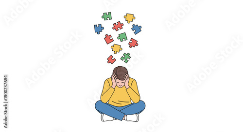 Stressed man sitting cross-legged holding his head as colorful puzzle pieces fall around, symbolizing confusion