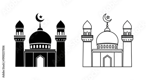 Mosque architecture icon with dome and minaret towers design