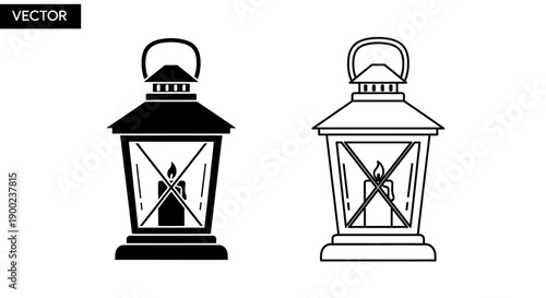 Vintage lantern lamp with candle flame vector symbol set
