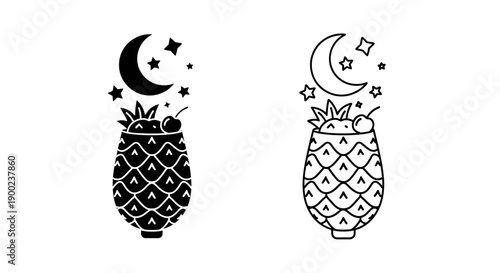 Tropical Pineapple Drink Vector Icon with Crescent Moon and Stars for Summer Night