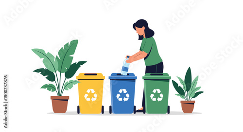 Woman responsibly disposing a plastic bottle into color-coded recycling bins surrounded by lush green plants