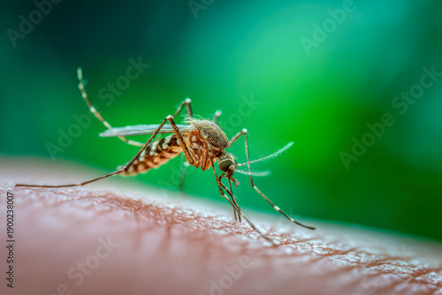 Wallpaper Mural Detailed macro shot of a mosquito feeding on human skin with a vibrant green blurred background highlighting insect features and textures Torontodigital.ca