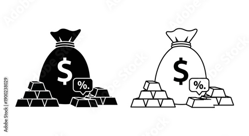 Money Bag and Gold Bars with Percentage Icon for Investment and Wealth