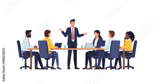 Diverse group of business professionals in a formal meeting with one leader presenting to seated colleagues