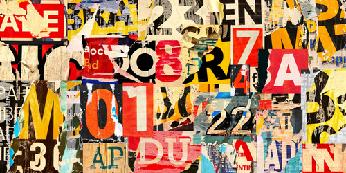 Photography Collage of many numbers and letters ripped torn advertisement street posters gru