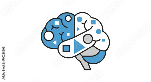 Stylized brain illustration shows cognitive processing with geometric shapes representing data and analytical thinking.