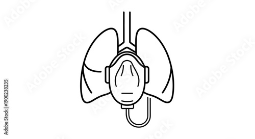 Monochrome line art drawing displays a respirator or protective face mask covering the central area of the human respiratory organs.