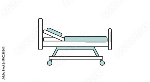 A white adjustable hospital bed with light blue mattress and wheels is illustrated in a side view on a plain white background.