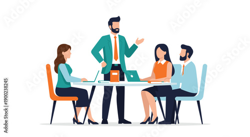 Professional businessman leading a small meeting, presenting ideas to three colleagues seated at a table