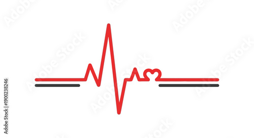 A red and black continuous line drawing displays a heart rate monitor electrocardiogram with a small heart shape integrated into the rhythm.