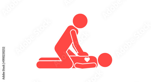 Red stick figures illustrate the critical first aid procedure of chest compressions during cardiopulmonary resuscitation on an unresponsive person.
