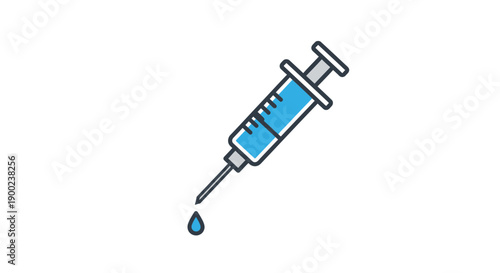 A medical syringe containing blue liquid drips a single drop from its sharp needle tip on a white background.