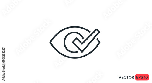 Outline icon of an eye with a checkmark superimposed signifies successful vision verification or approval.