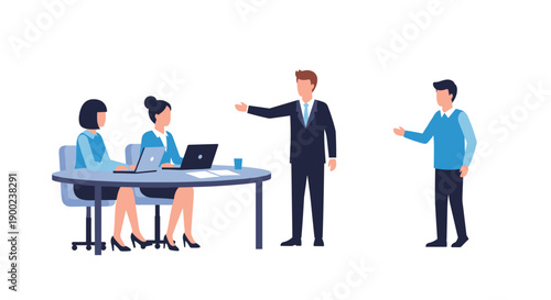 Businessman presenting information to two female colleagues seated at a conference table with laptops