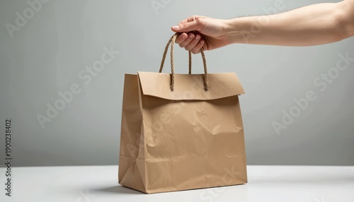 Hand holds brown paper shopping bag with handles. Eco friendly reusable gift packaging for products. Food delivery and takeaway service carrier.