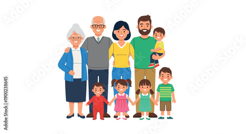Multi-generational cartoon family standing together happily, smiling group portrait showcasing diverse age demographics